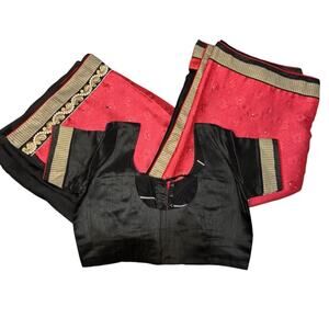 Women's M/L Pink/Red & Black Indian Silk Sari / Saree w/ Blouse
